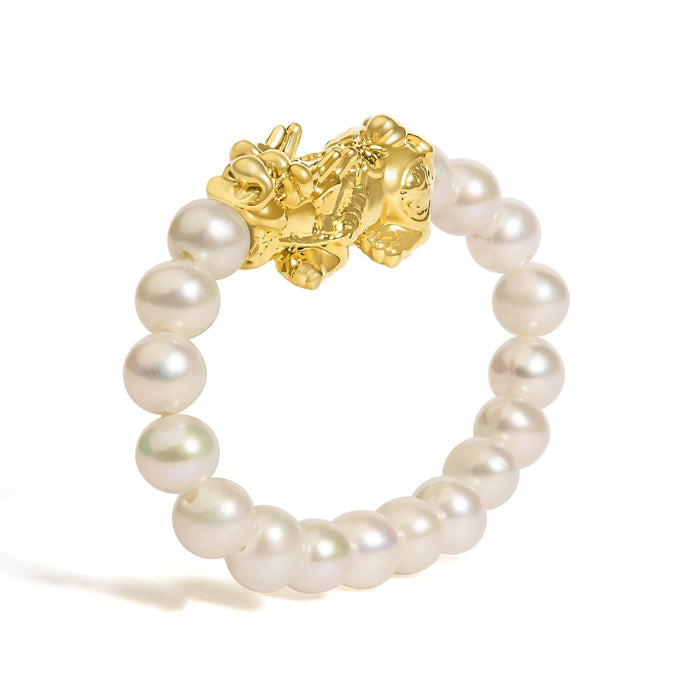 Anillo de banda ajustable con dije de dragón y perla cultivada de agua dulce en oro amarillo de 18K, foto 2