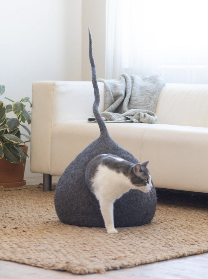 Cueva de fieltro de lana para gatos con cola, Gris piedra, foto 4