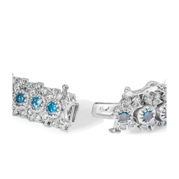 10 Ct. T.W. White and Treated Blue Diamond Vintage-Inspired Floral Cluster Link Bracelet in 14K White Gold, photo 2