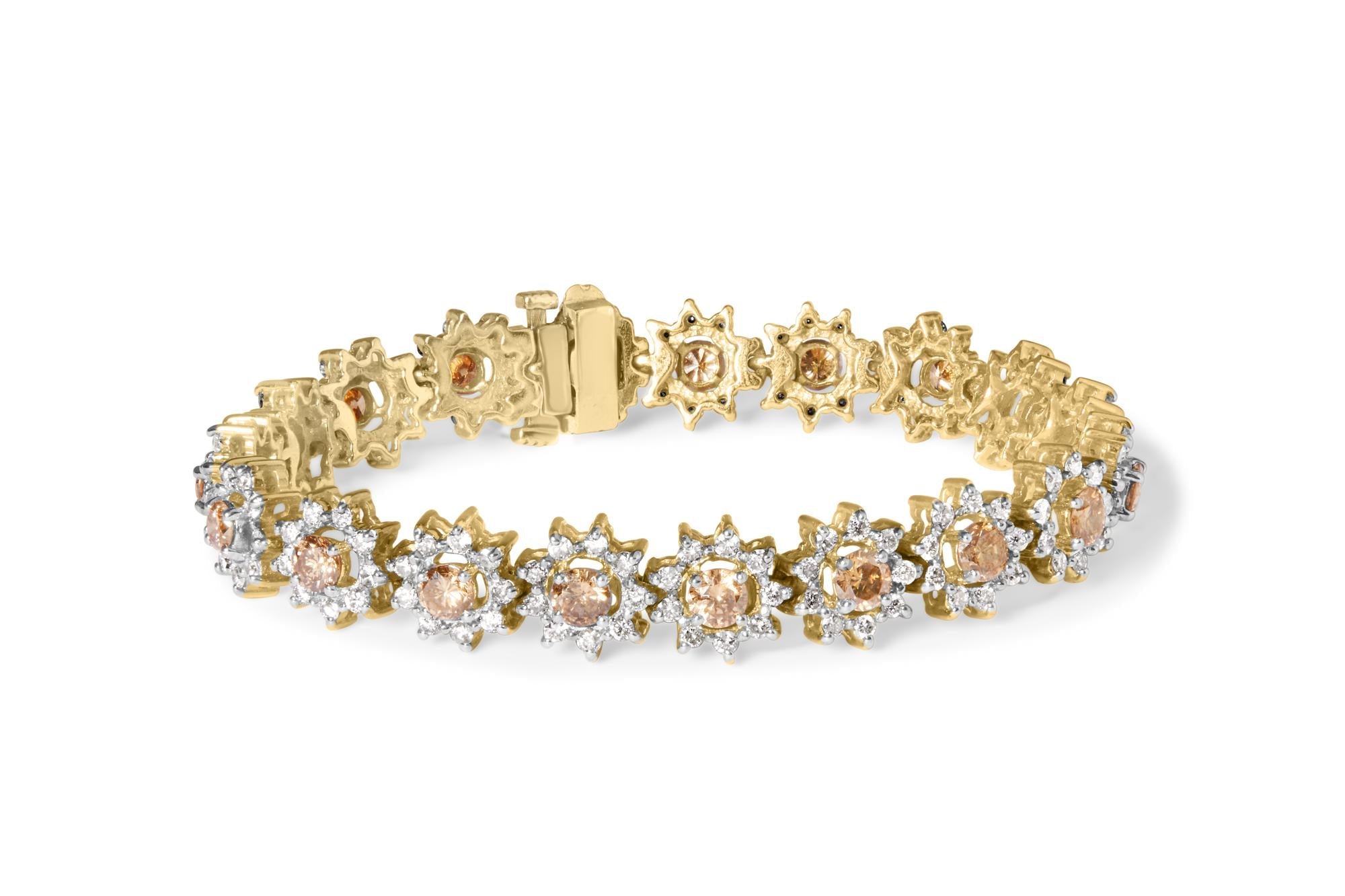 Pulsera de eslabones de halo y racimo floral con diamantes champán de 8 ct. p.t. en oro amarillo de 14K, foto 1