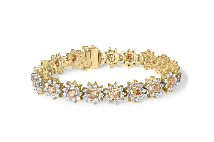 Pulsera de eslabones de halo y racimo floral con diamantes champán de 8 ct. p.t. en oro amarillo de 14K, foto 1