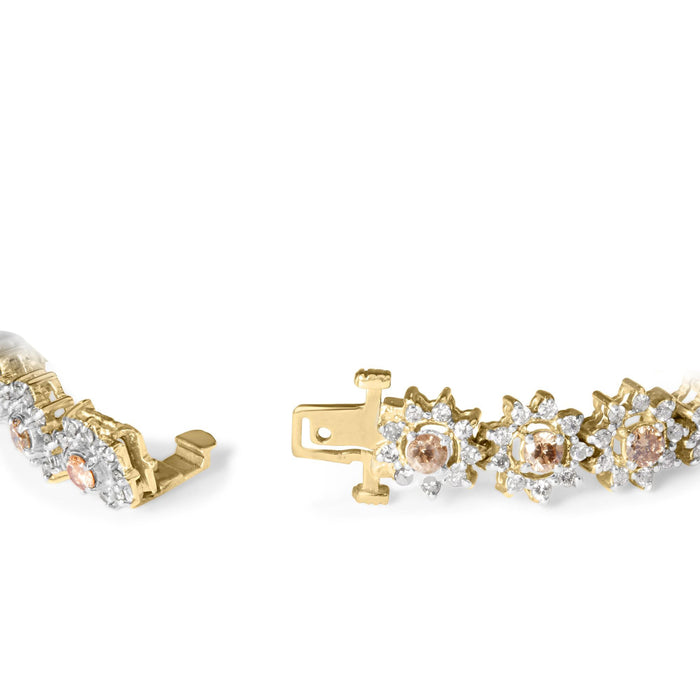 Pulsera de eslabones de halo y racimo floral con diamantes champán de 8 ct. p.t. en oro amarillo de 14K, foto 2