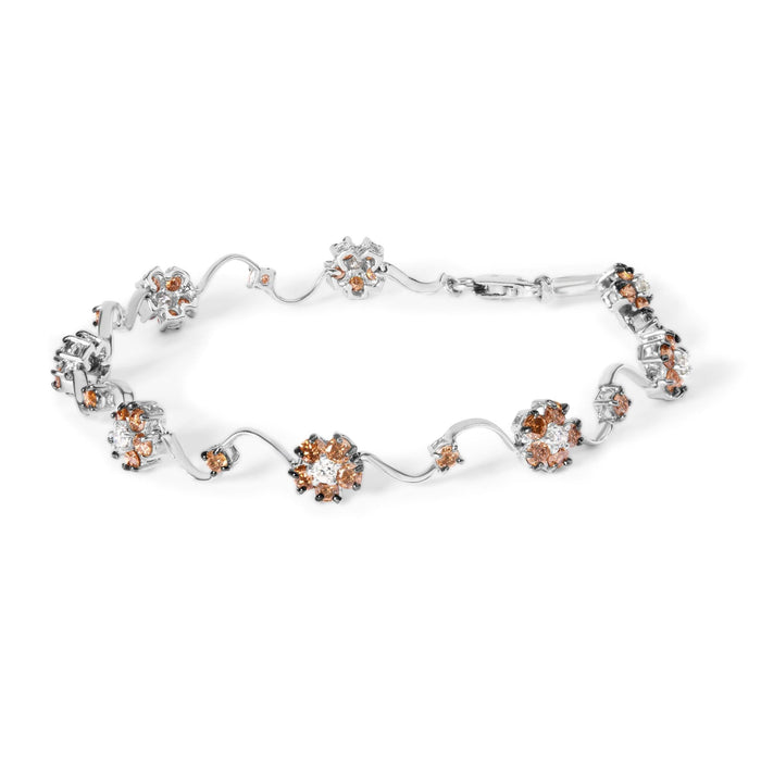 4 Ct. T.W. White and Treated Champagne Diamond Floral Cluster and Station Link Bracelet in 10K White Gold, photo 1