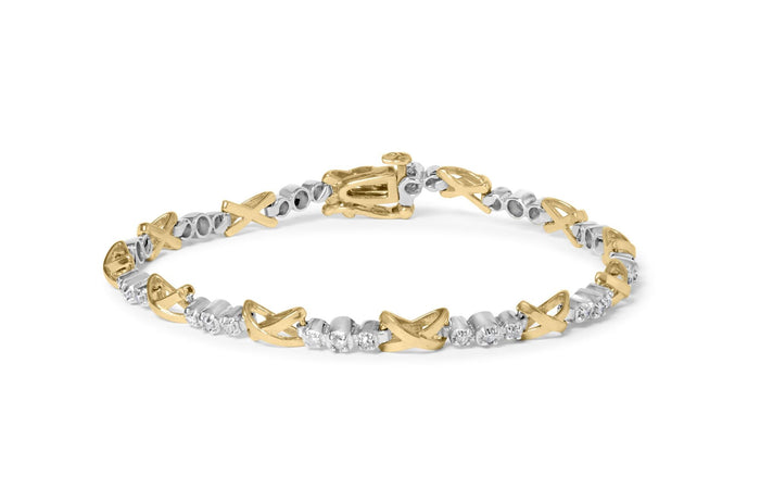 Pulsera alternada de 3 piedras y eslabones en X con diamantes de 1/2 ct. p.t. en oro de dos tonos de 10K, foto 1