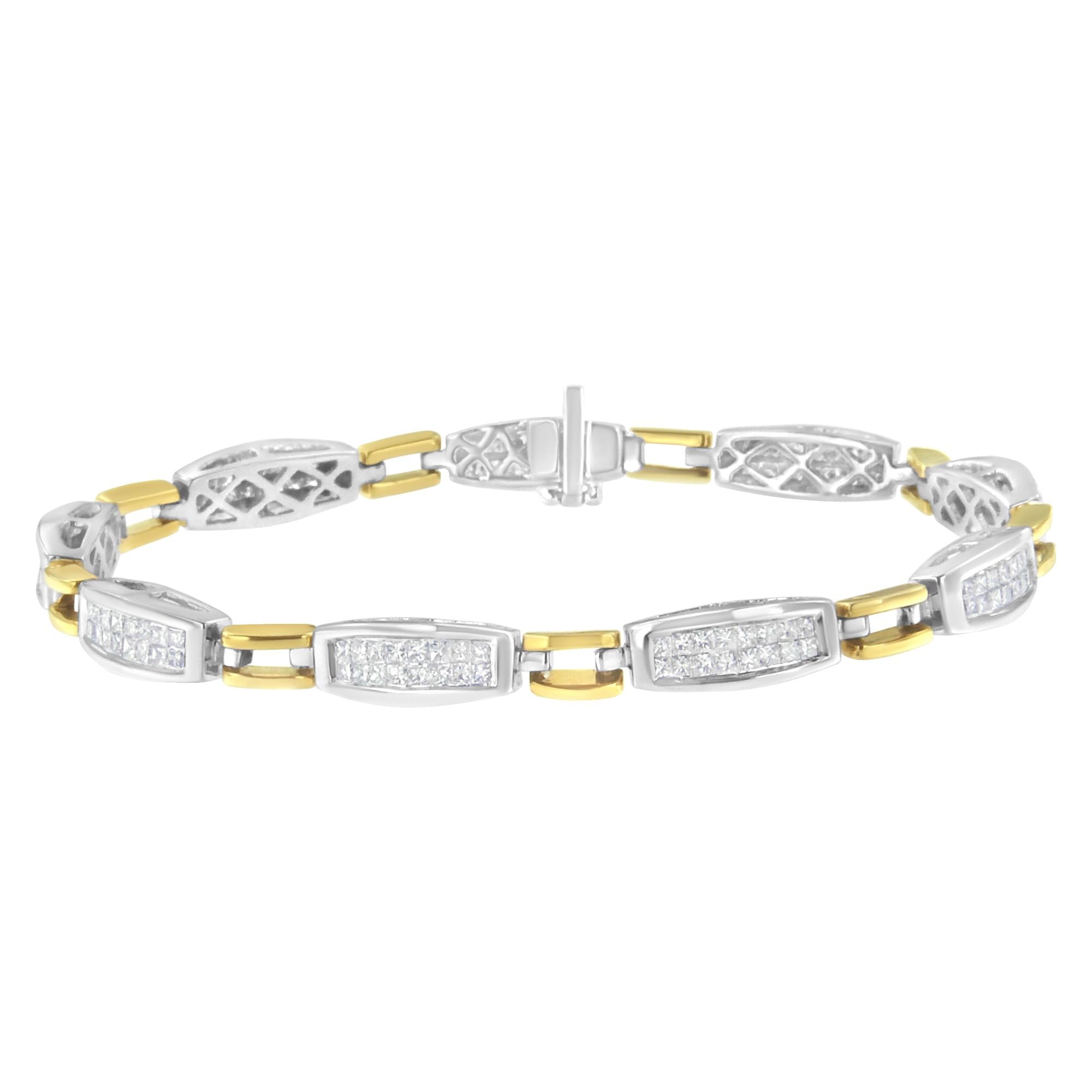 Pulsera de eslabones cónicos y signo igual con diamantes talla princesa de 2 ct. p.t. en oro amarillo y blanco de 14K, foto 1