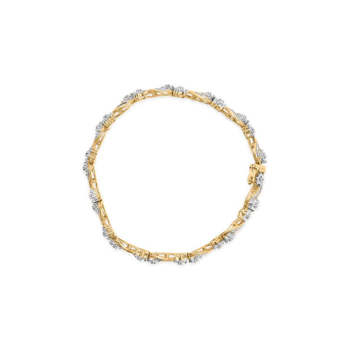 Pulsera de eslabones florales con diamantes redondos y baguette de 3 ct. p.t. en oro amarillo de 10K, foto 4