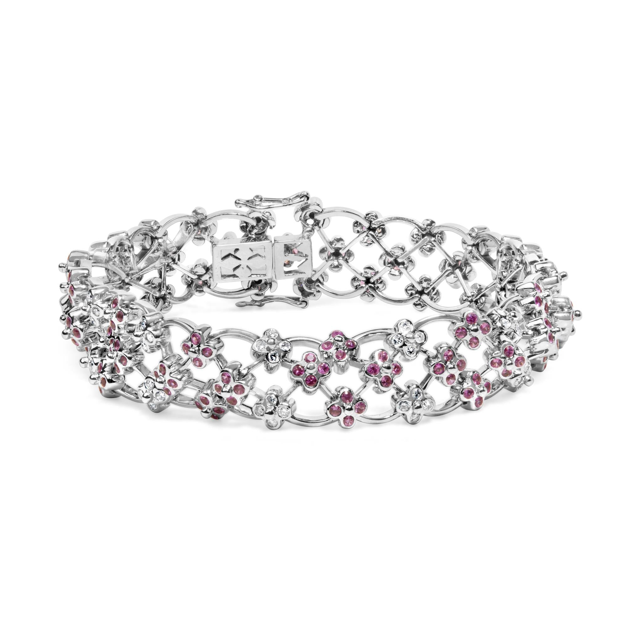 Pulsera de eslabones de celosía floral con zafiros rosas creados en laboratorio y diamantes en oro blanco de 14K, 7.25 pulg., foto 1