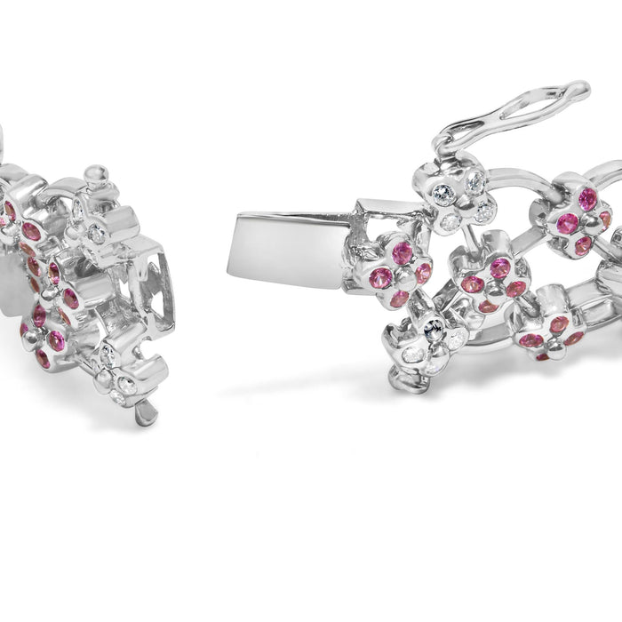 Pulsera de eslabones de celosía floral con zafiros rosas creados en laboratorio y diamantes en oro blanco de 14K, 7.25 pulg., foto 2