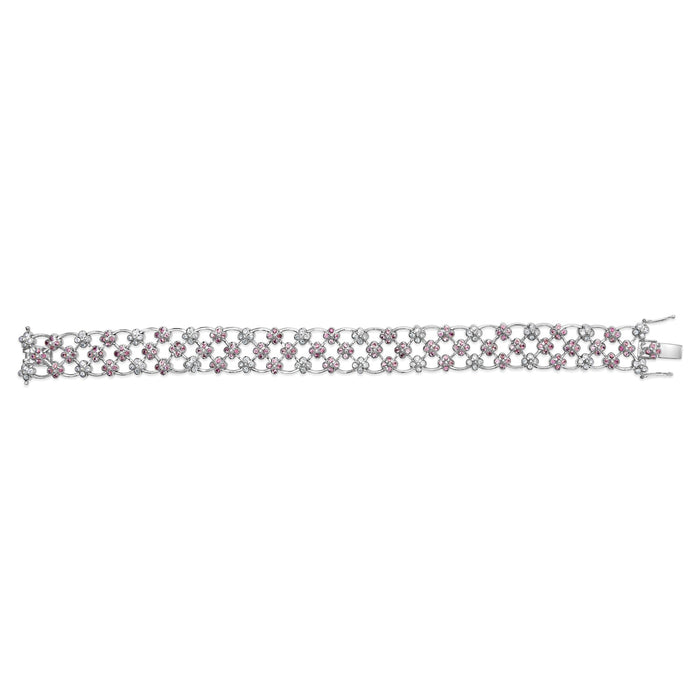 Pulsera de eslabones de celosía floral con zafiros rosas creados en laboratorio y diamantes en oro blanco de 14K, 7.25 pulg., foto 4