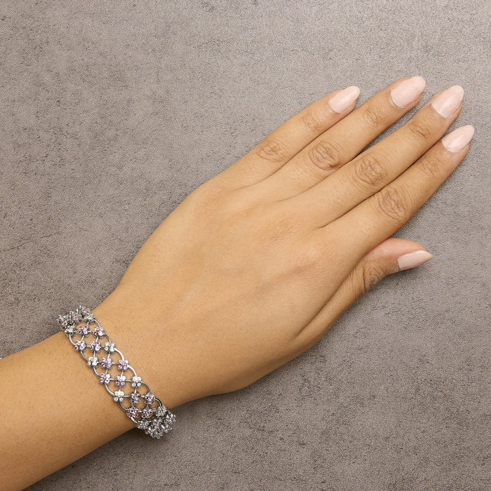 Pulsera de eslabones de celosía floral con zafiros rosas creados en laboratorio y diamantes en oro blanco de 14K, 7.25 pulg., foto 3