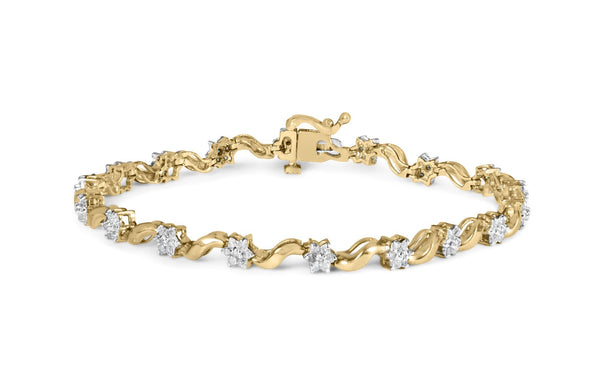 Pulsera de eslabones en S florales con diamantes de talla redonda de 1 ct. p.t. en oro amarillo de 10K, foto 1