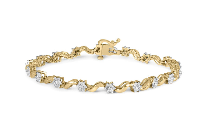 Pulsera de eslabones en S florales con diamantes de talla redonda de 1 ct. p.t. en oro amarillo de 10K, foto 1