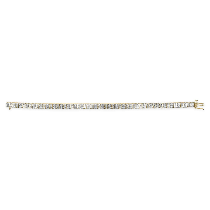 Pulsera tenis alterna de bisel y de garras con diamantes baguette y redondos de 4 ct. p.t. en oro amarillo de 10K, foto 4