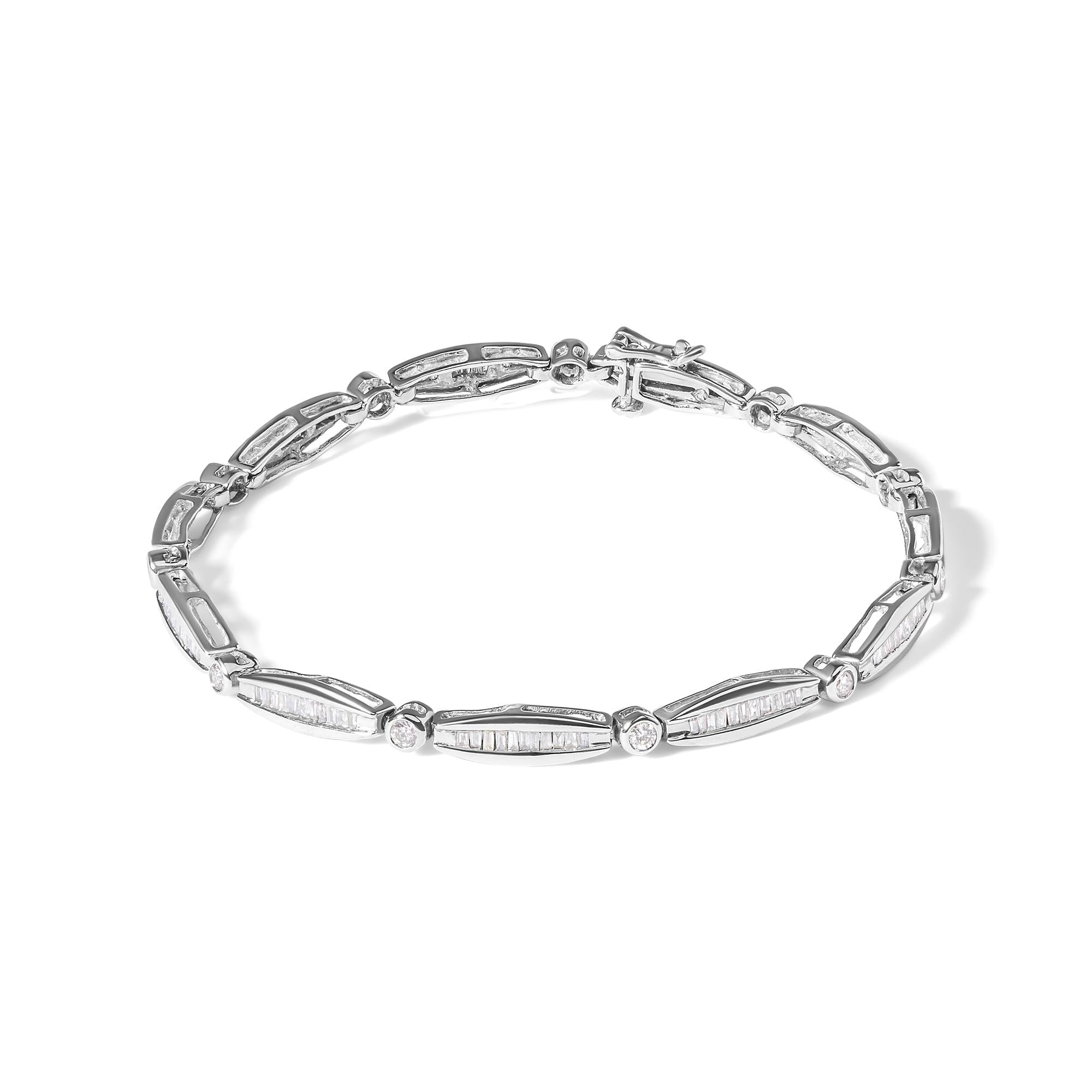 1 1/2 Ct. T.W. Round Brilliant-Cut and Baguette-Cut Diamond Bezel and Tapered Link Tennis Bracelet in 14K White Gold, photo 1