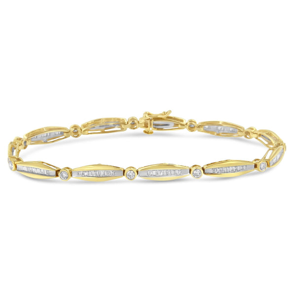 1 1/2 Ct. T.W. Round Brilliant-Cut and Baguette-Cut Diamond Bezel and Tapered Link Tennis Bracelet in 14K Yellow Gold, photo 1