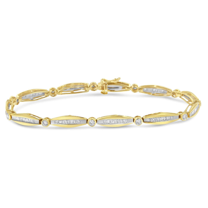 1 1/2 Ct. T.W. Round Brilliant-Cut and Baguette-Cut Diamond Bezel and Tapered Link Tennis Bracelet in 14K Yellow Gold, photo 1