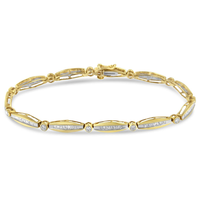 1 1/2 Ct. T.W. Round Brilliant-Cut and Baguette-Cut Diamond Bezel and Tapered Link Tennis Bracelet in 14K Yellow Gold, photo 2