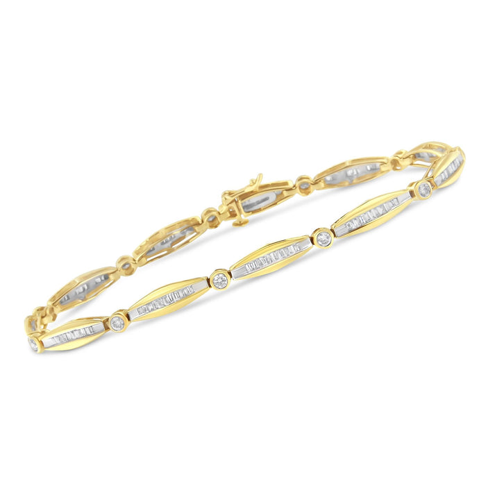 1 1/2 Ct. T.W. Round Brilliant-Cut and Baguette-Cut Diamond Bezel and Tapered Link Tennis Bracelet in 14K Yellow Gold, photo 4