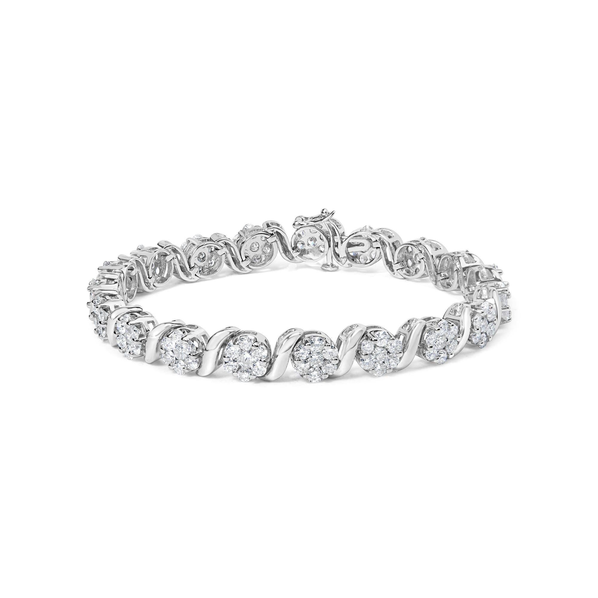 Pulsera de eslabones en S y racimo floral con diamantes redondos brillantes de 7 3/8 ct. p.t. en oro blanco de 14K, foto 1