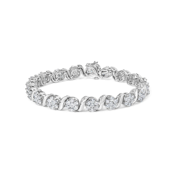 Pulsera de eslabones en S y racimo floral con diamantes redondos brillantes de 7 3/8 ct. p.t. en oro blanco de 14K, foto 1