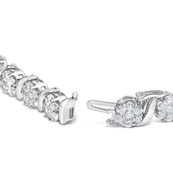Pulsera de eslabones en S y racimo floral con diamantes redondos brillantes de 7 3/8 ct. p.t. en oro blanco de 14K, foto 2