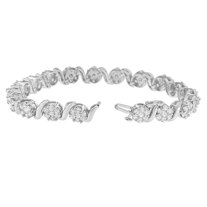 Pulsera de eslabones en S y racimo floral con diamantes redondos brillantes de 7 3/8 ct. p.t. en oro blanco de 14K, foto 5