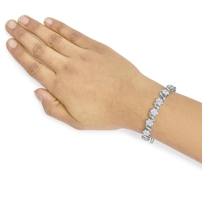 Pulsera de eslabones en S y racimo floral con diamantes redondos brillantes de 7 3/8 ct. p.t. en oro blanco de 14K, foto 3