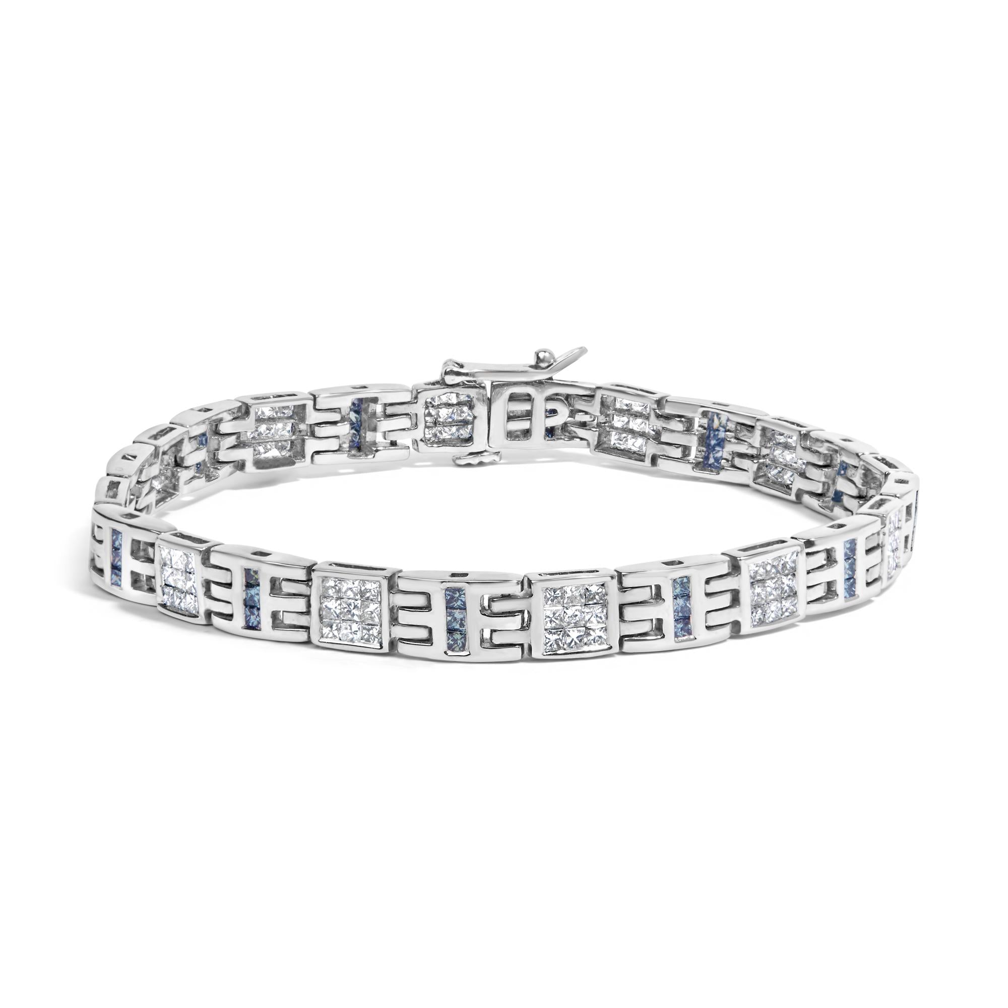 Pulsera con diamantes blancos y azules talla princesa de 3 ct. p.t. en oro blanco de 14K, foto 1