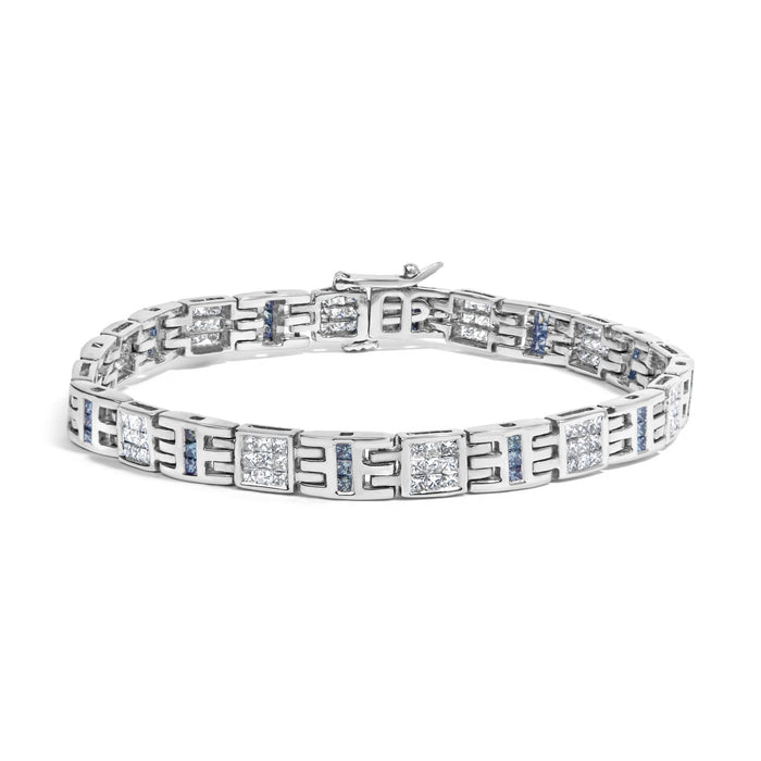 Pulsera con diamantes blancos y azules talla princesa de 3 ct. p.t. en oro blanco de 14K, foto 1