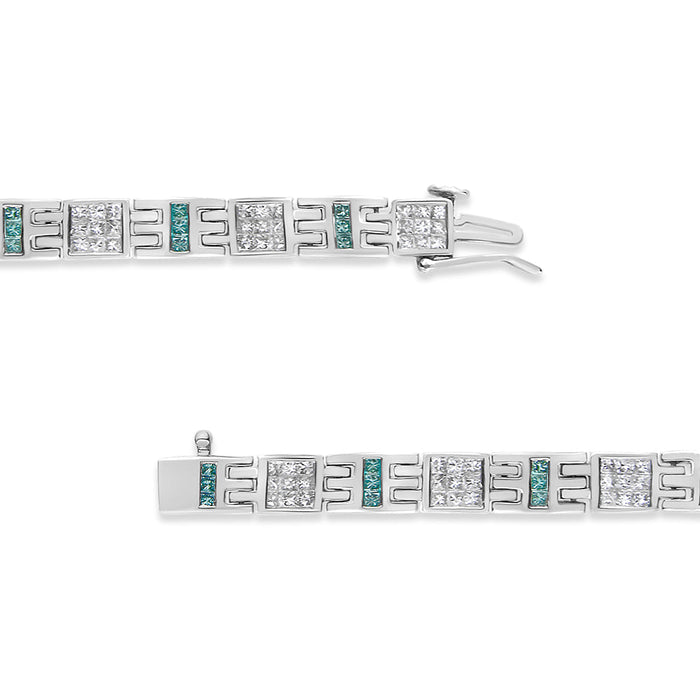 Pulsera con diamantes blancos y azules talla princesa de 3 ct. p.t. en oro blanco de 14K, foto 5