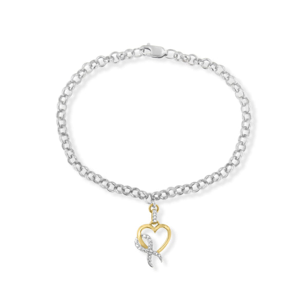 Pulsera rolo con dije de lazo y corazón con diamantes de 1/10 ct. p.t. en plata de ley y oro amarillo de 10K, foto 1