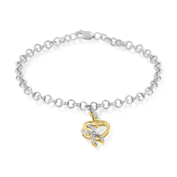 Pulsera rolo con dije de lazo y corazón con diamantes de 1/10 ct. p.t. en plata de ley y oro amarillo de 10K, foto 2