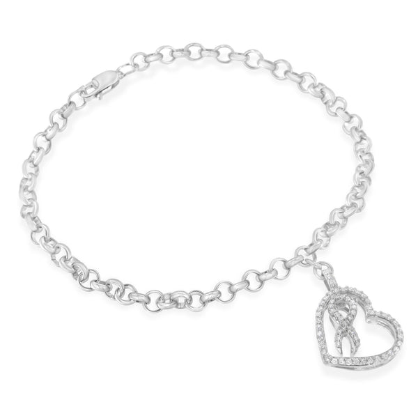 Pulsera de cadena de eslabones con dije de corazón y listón y detalle de diamante de 1/4 ct. p.t. en plata de ley, foto 1