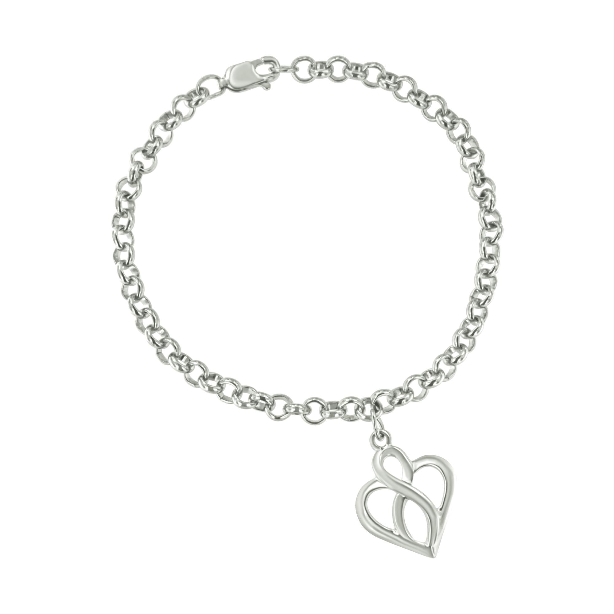 Pulsera con dije de corazón calado y cadena de infinito vertical al centro en plata de ley, foto 1