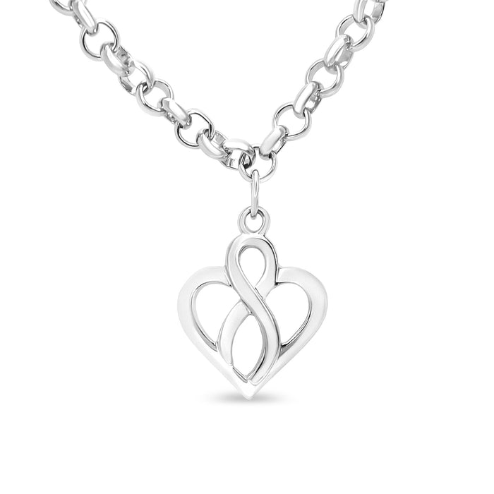 Pulsera con dije de corazón calado y cadena de infinito vertical al centro en plata de ley, foto 4