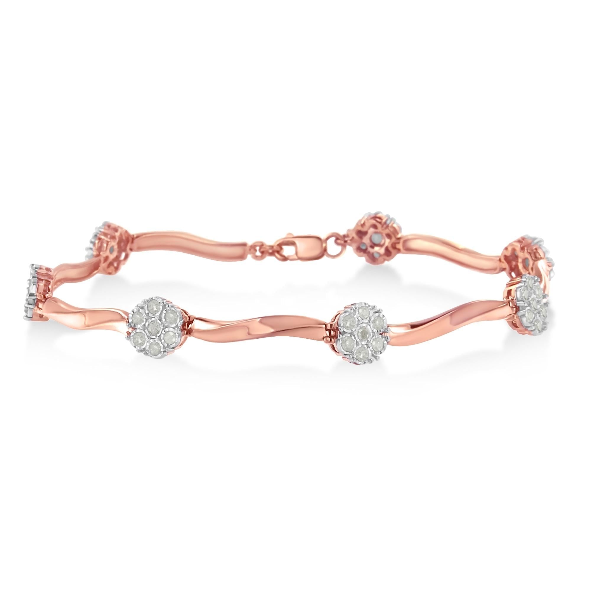 Pulsera de eslabones florales con diamantes de 1 ct. p.t. en oro rosa de 10K sobre plata, foto 1