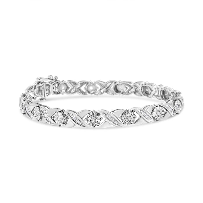 Pulsera tenis de eslabones en X Miracle-Set con diamantes talla brillante y baguette de 1 ct. p.t. en plata de ley, foto 1