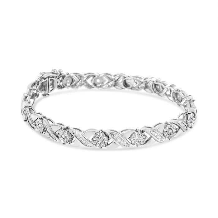 Pulsera tenis de eslabones en X Miracle-Set con diamantes talla brillante y baguette de 1 ct. p.t. en plata de ley, foto 2