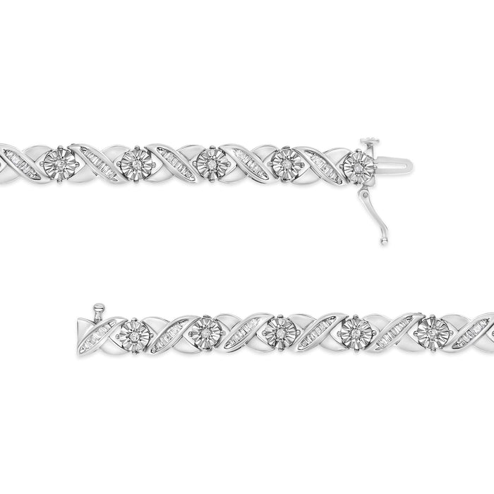 Pulsera tenis de eslabones en X Miracle-Set con diamantes talla brillante y baguette de 1 ct. p.t. en plata de ley, foto 4