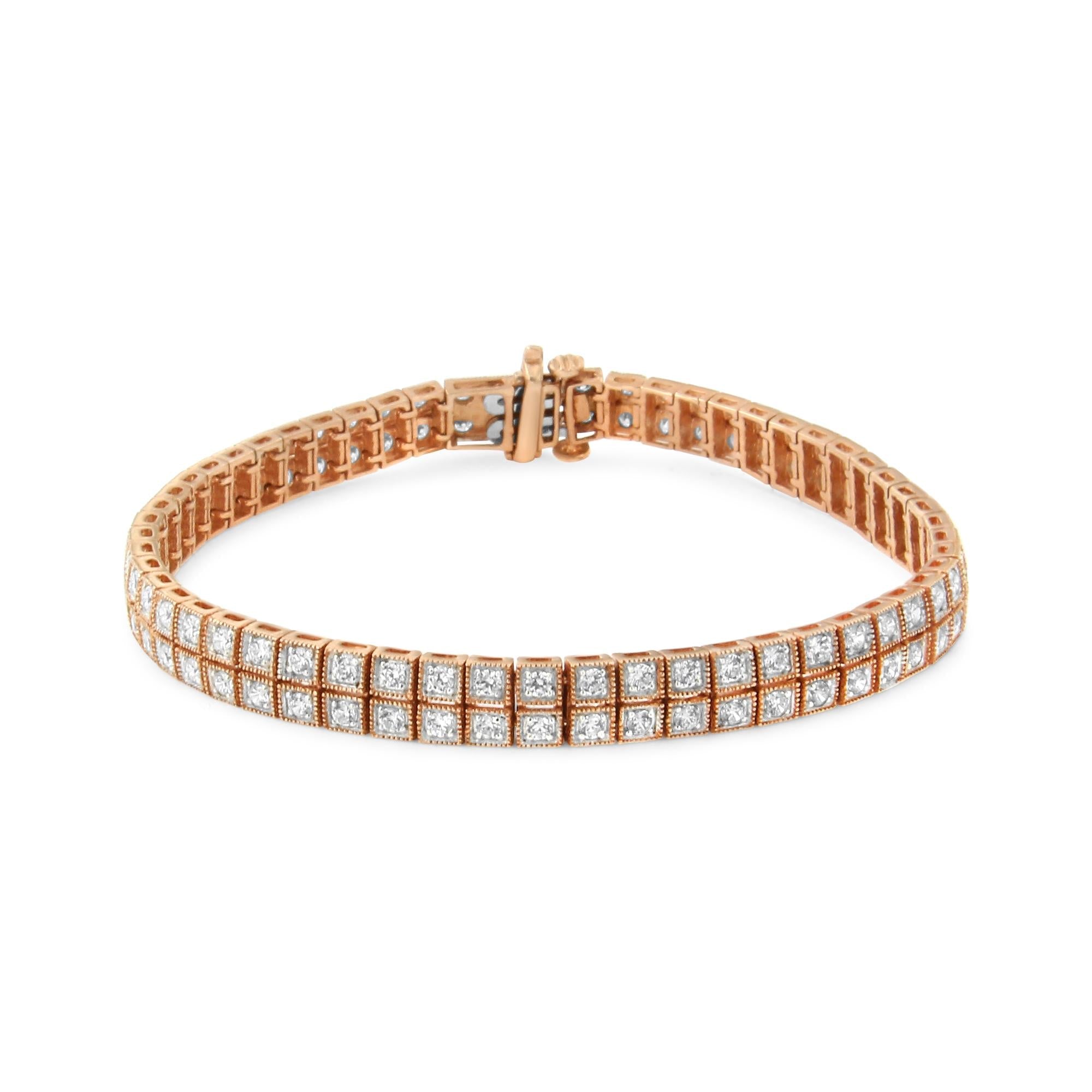 Pulsera tenis milgrain de dos hileras con diamantes cultivados en laboratorio de 3 ct. p.t. en oro rosa de 14K, color G-H, claridad VS2-SI1, 7 pulg., foto 1
