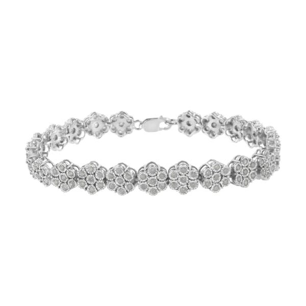 Pulsera de eslabones de racimo floral de 7 piedras con diamantes de 2 ct. p.t. en plata de ley, foto 1
