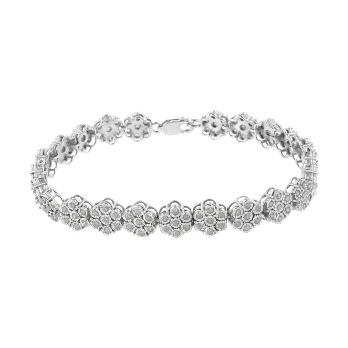 Pulsera de eslabones de racimo floral de 7 piedras con diamantes de 2 ct. p.t. en plata de ley, foto 2