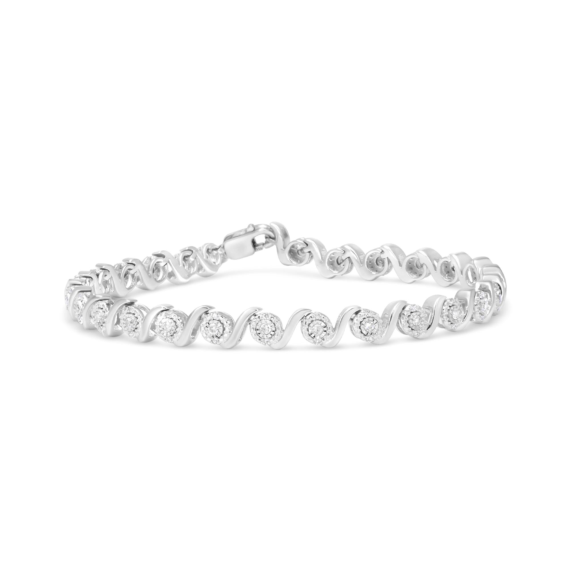 Pulsera de eslabones en S con halo y diamantes redondos de 1/2 ct. p.t. en plata de ley, foto 1
