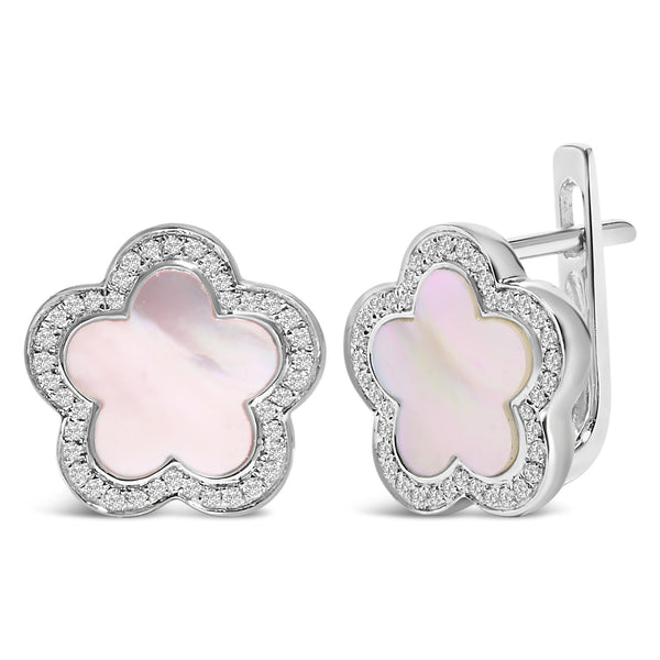 1/5 Ct. T.W. Mother of Pearl and Diamond Halo Star Stud Earrings in 14K White Gold, photo 2
