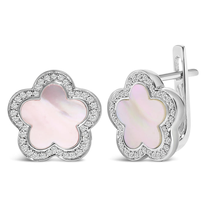 Aretes de botón de estrella de halo con madreperla y diamantes de 1/5 ct. p.t. en oro blanco de 14K, foto 2
