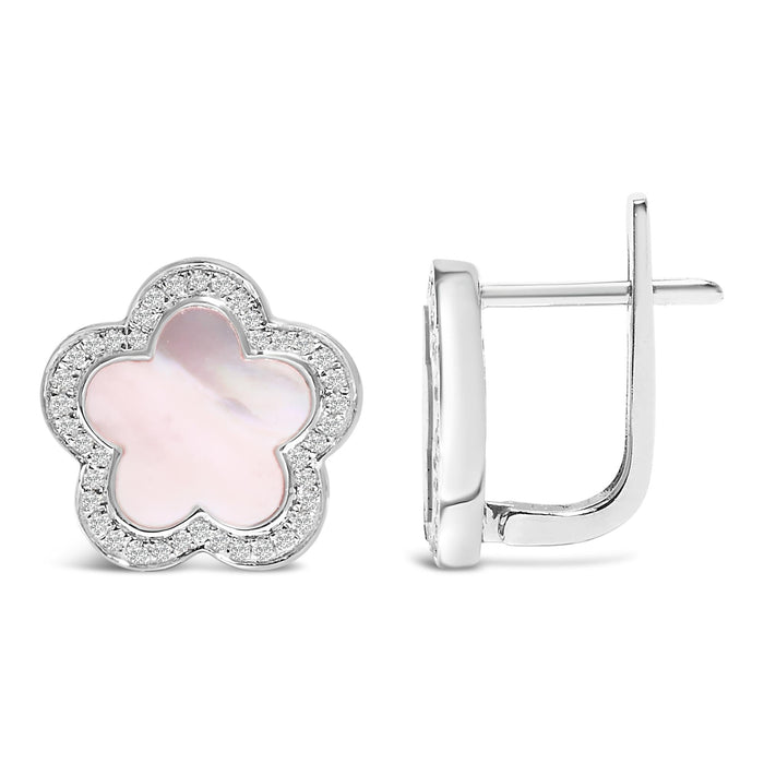 Aretes de botón de estrella de halo con madreperla y diamantes de 1/5 ct. p.t. en oro blanco de 14K, foto 4