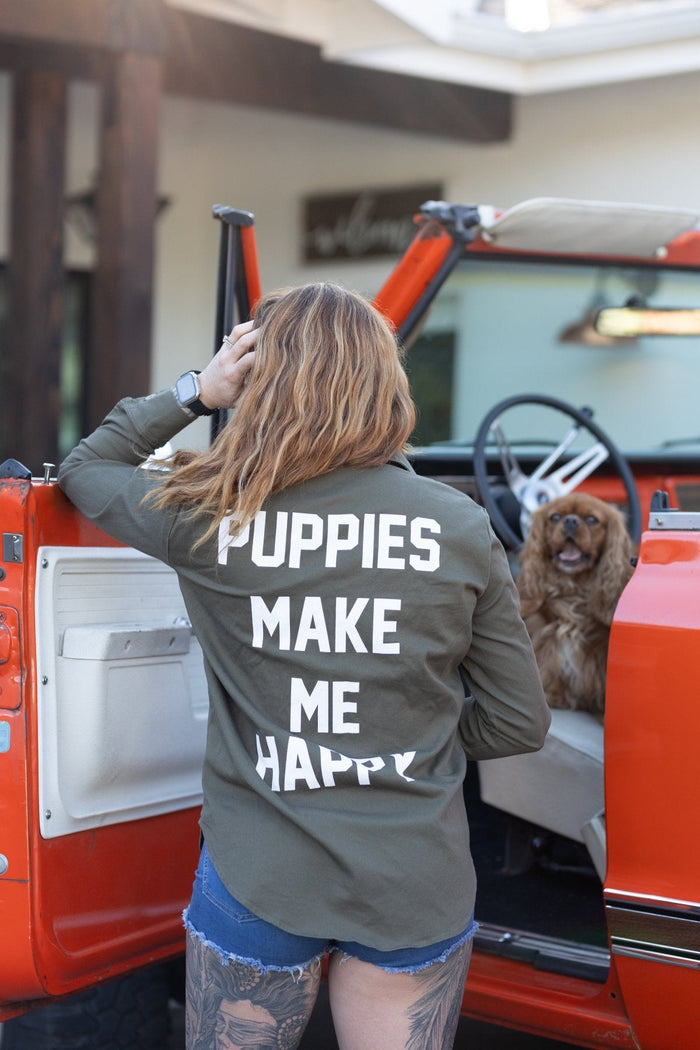 Puppies Make Me Happy Military Button-Up Shirt