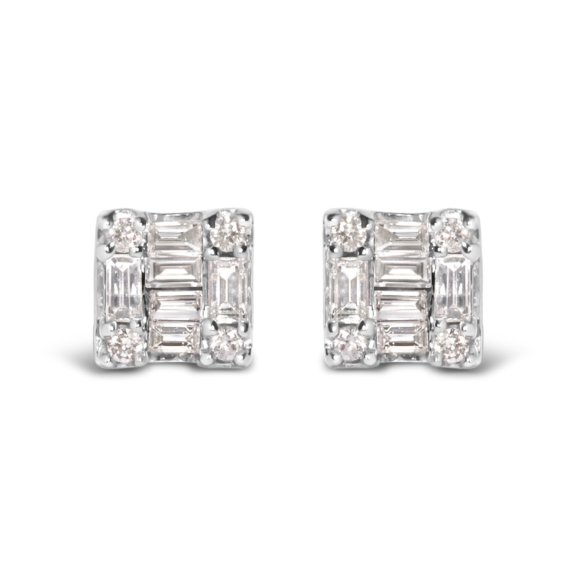 Aretes de botón cuadrados de mosaico con diamantes redondos y baguette de 1/7 ct. p.t. en oro blanco de 10K, foto 1