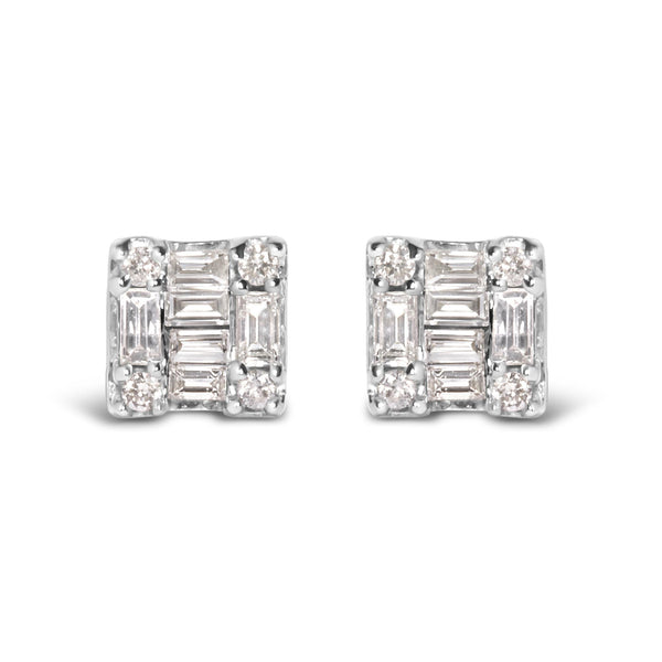 1/7 Ct. T.W. Round and Baguette Diamond Mosaic Square Stud Earrings in 10K White Gold, photo 1