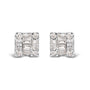 Aretes de botón cuadrados de mosaico con diamantes redondos y baguette de 1/7 ct. p.t. en oro blanco de 10K, foto 1